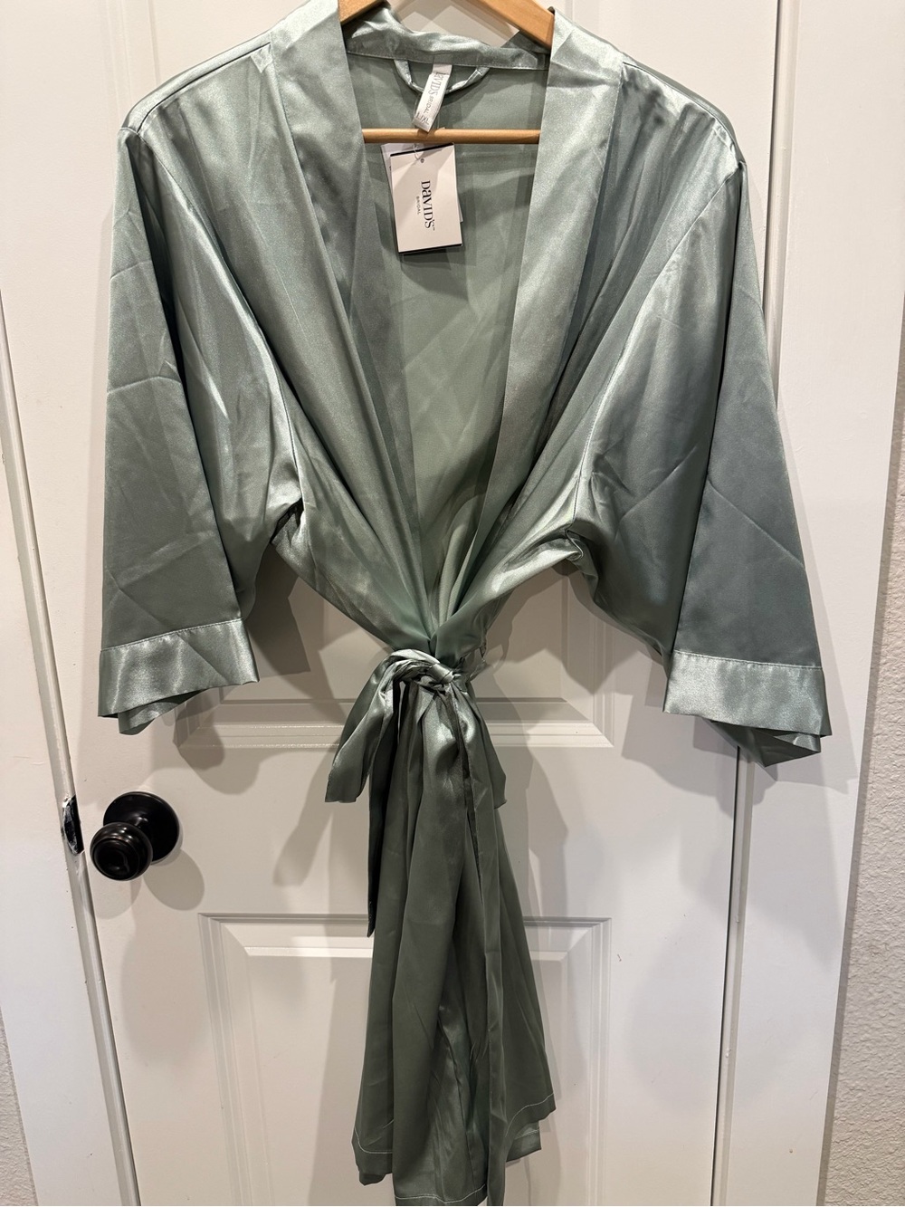 David's Bridal Satin Tie-Waist Robe in Sage